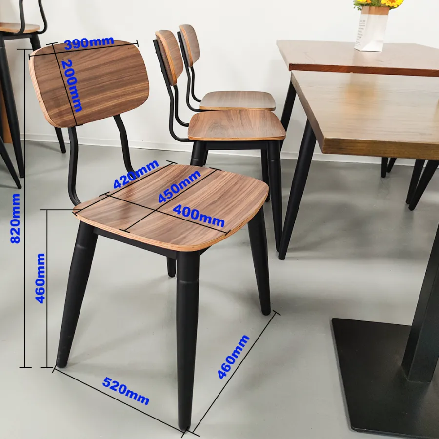 wood grain dining chair with black metal frame